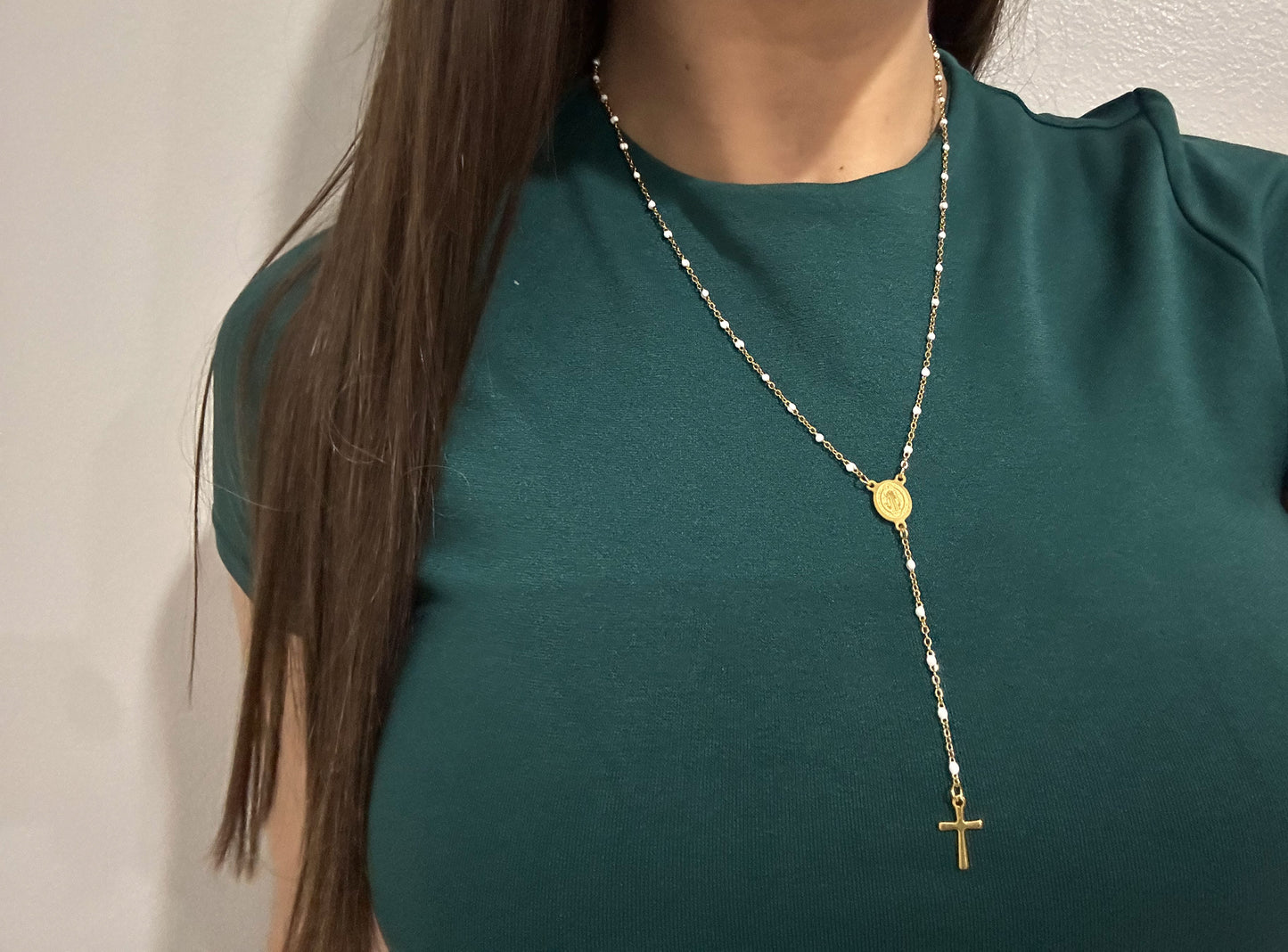 Rosary style necklace with white beads