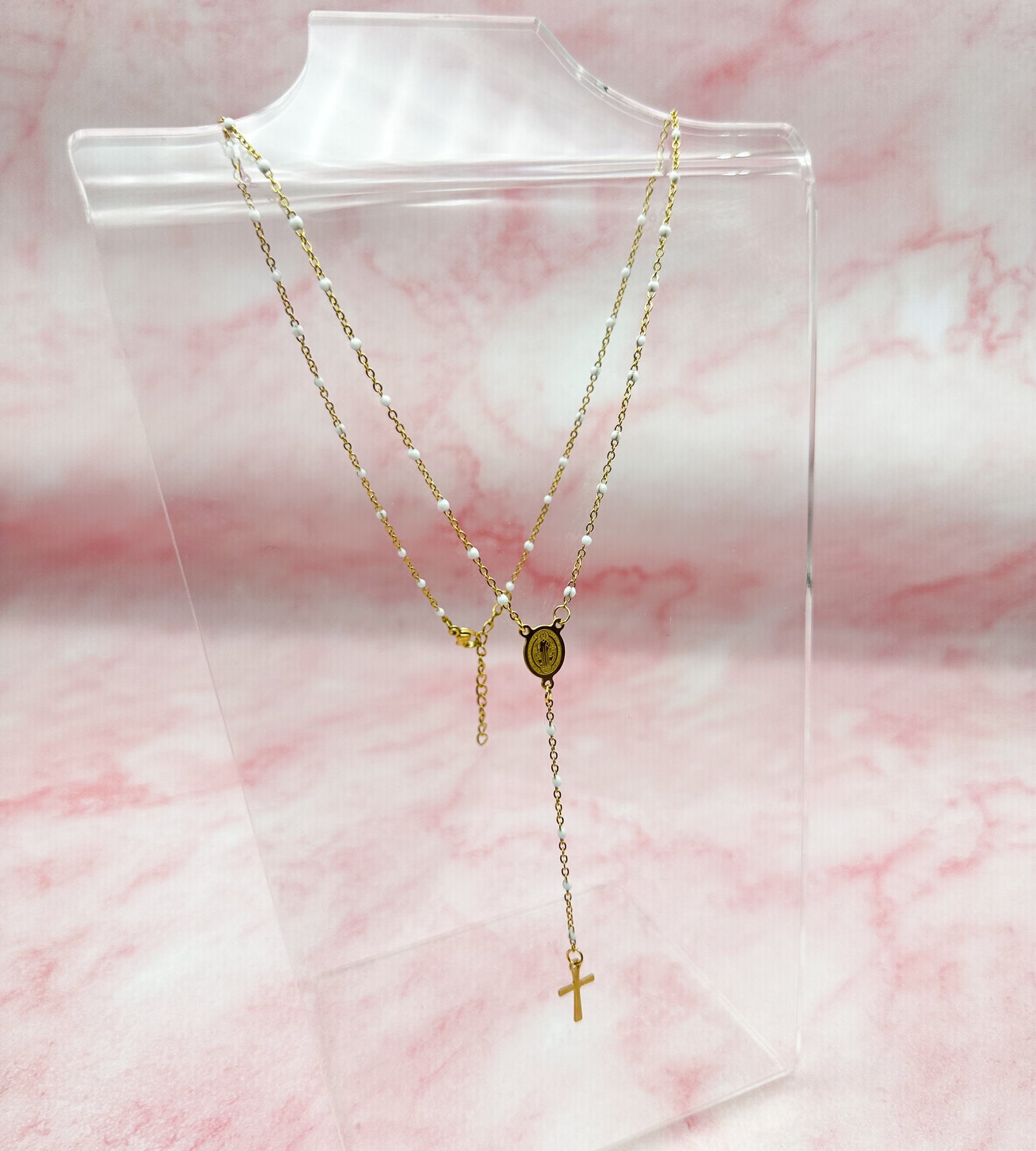Rosary style necklace with white beads